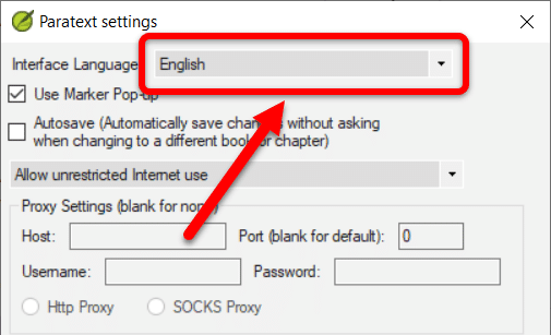 paratext settings localized language option
