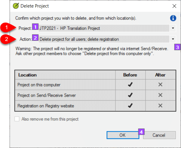 delete project and registration