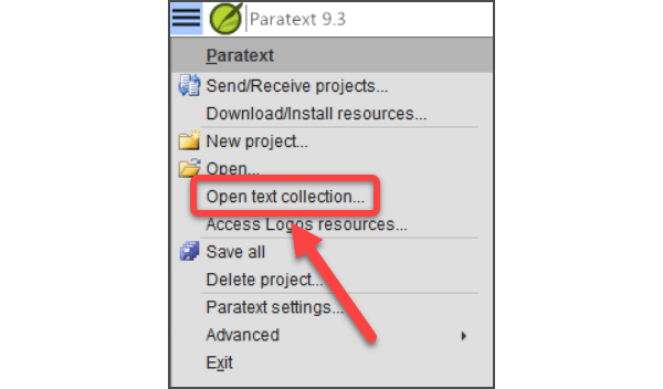 paratext 9 3 open text collection menu item